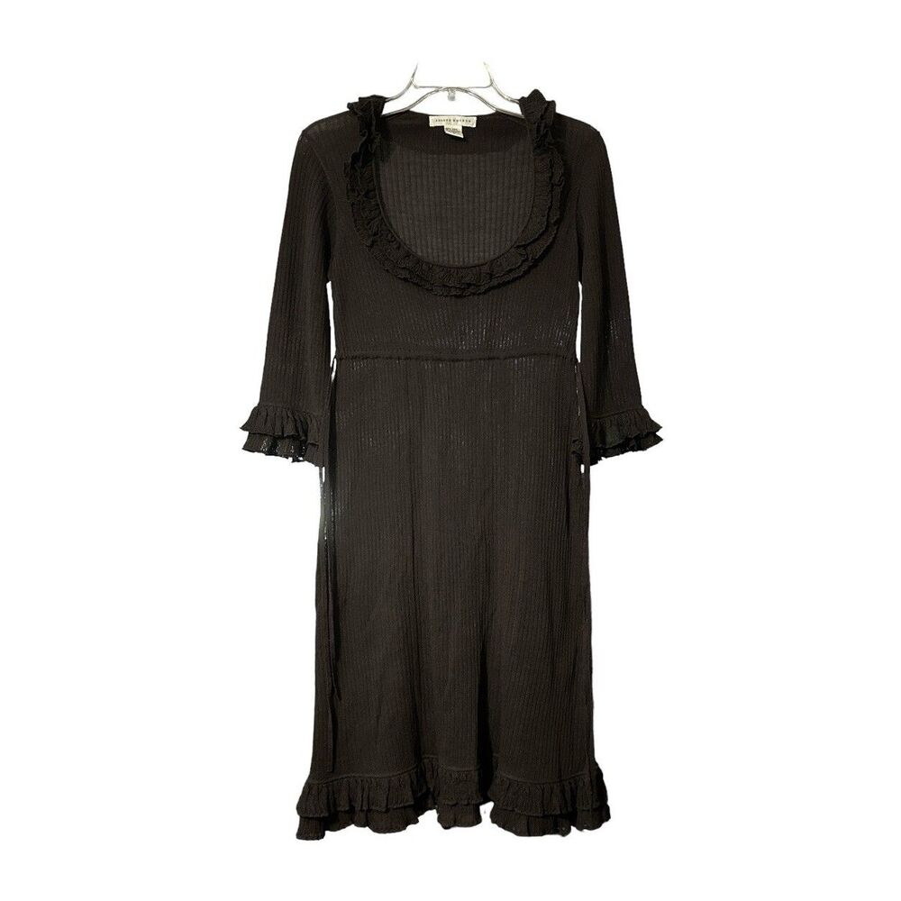 Susana Monaco Brown Ribbed Wool Dress Small – Ruffle 3/4 Sleeve Sheer Knit